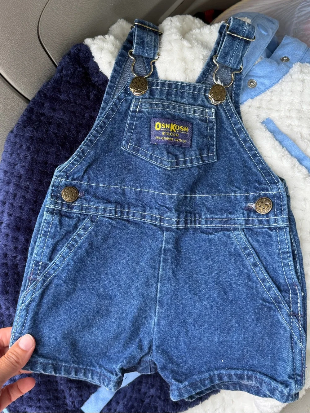 VTG 90s OshKosh B'gosh Dark Blue Denim Shortalls overalls. Paper tag. USA. 3-6M